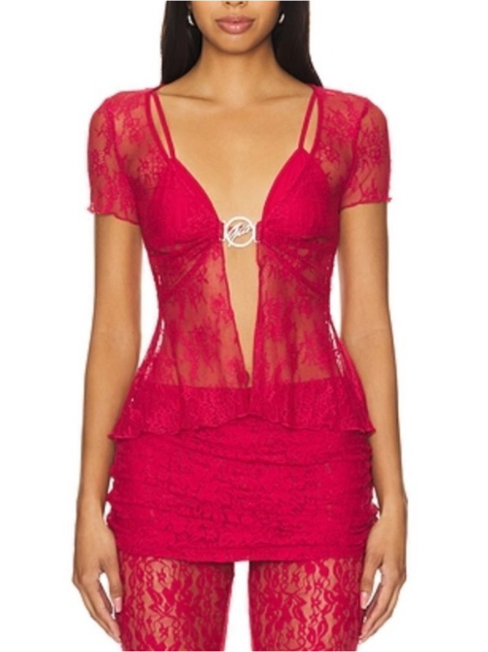 I.AM.GIA x REVOLVE Lace Split-Front Top with Decorative Clasp — Red